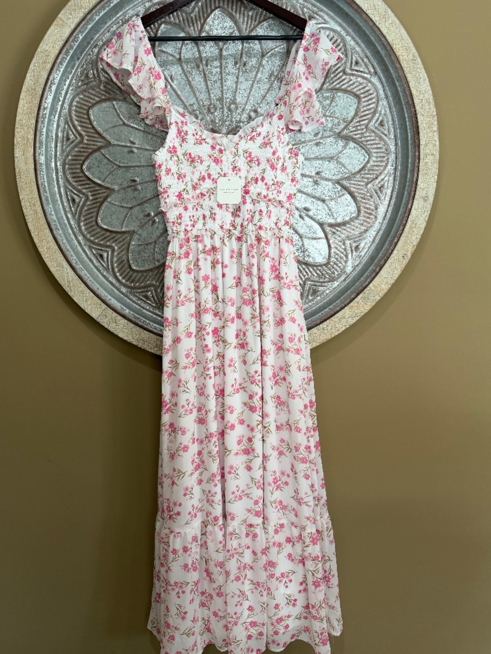 NWT- Altar’d State White with Pink Floral Ruffle Smock Top Flowy Maxi Dress